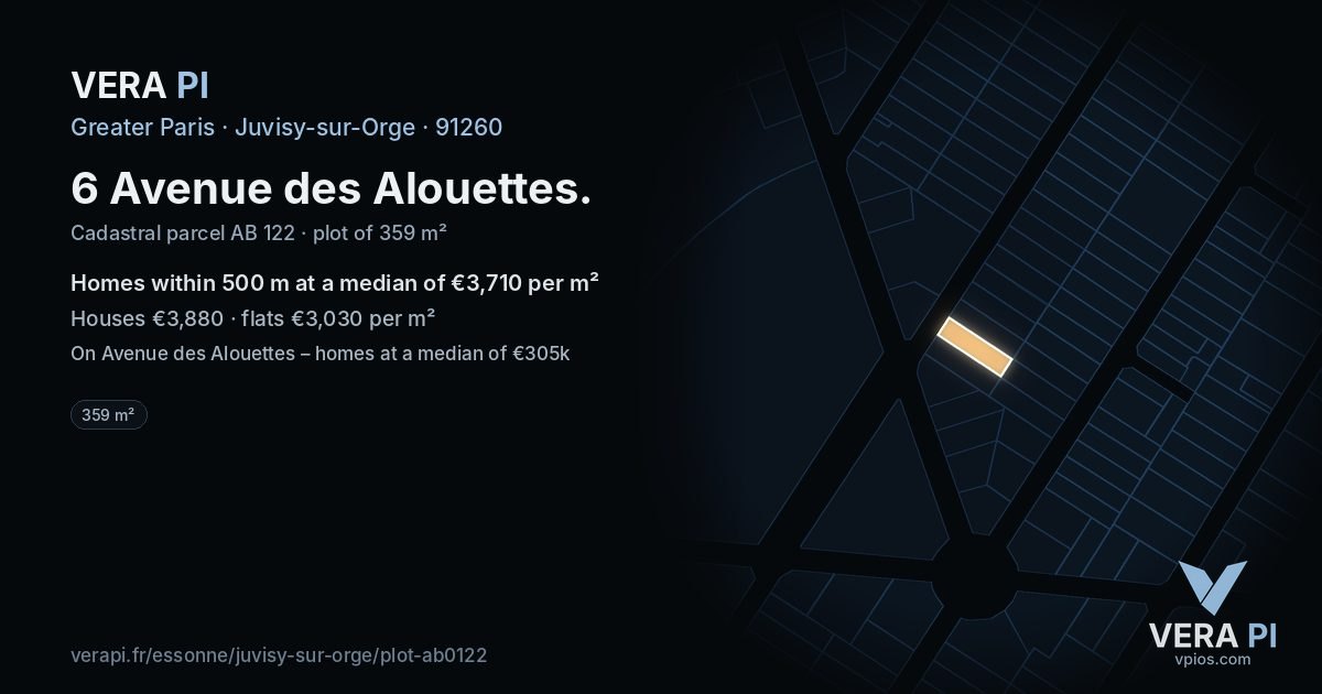 6 Avenue des Alouettes, Juvisy-sur-Orge at night – the plot lit, the parcels around coloured by the prices near them