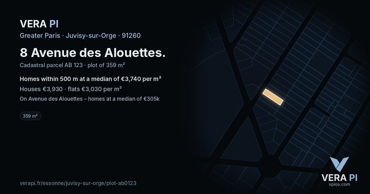 8 Avenue des Alouettes, Juvisy-sur-Orge at night – the plot lit, the parcels around coloured by the prices near them