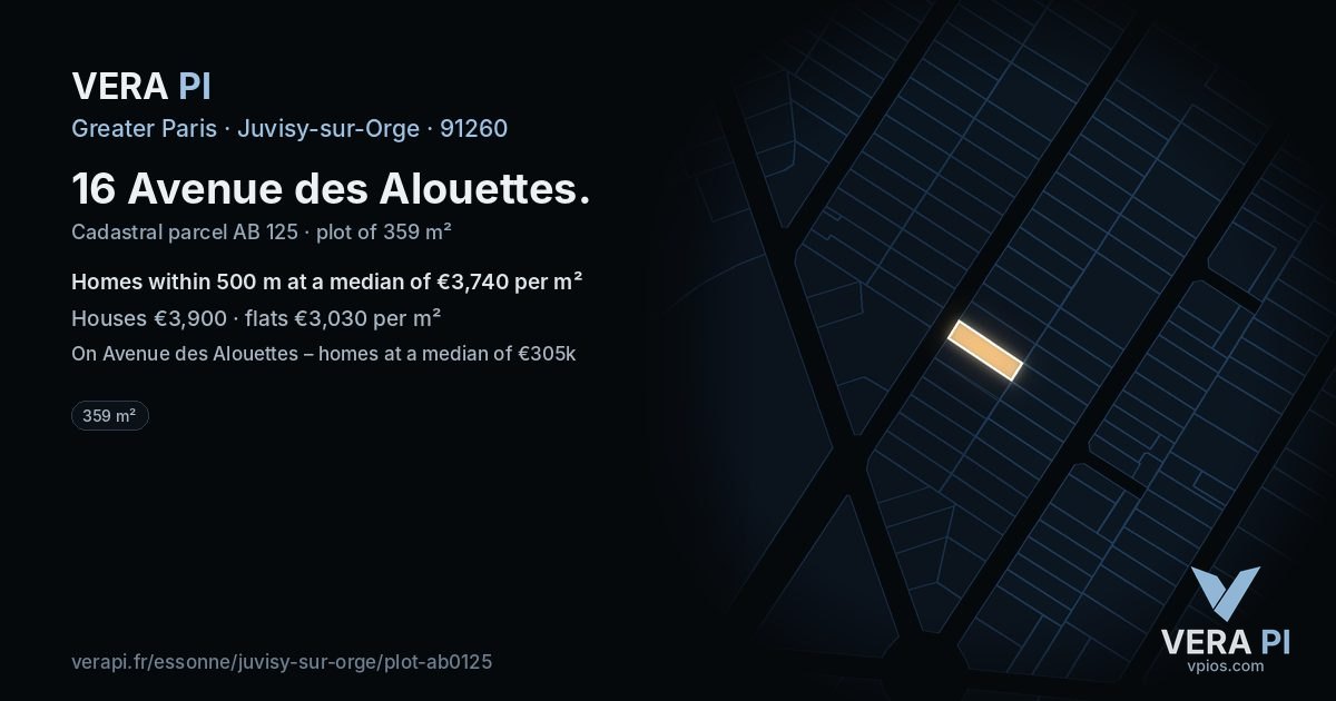 16 Avenue des Alouettes, Juvisy-sur-Orge at night – the plot lit, the parcels around coloured by the prices near them