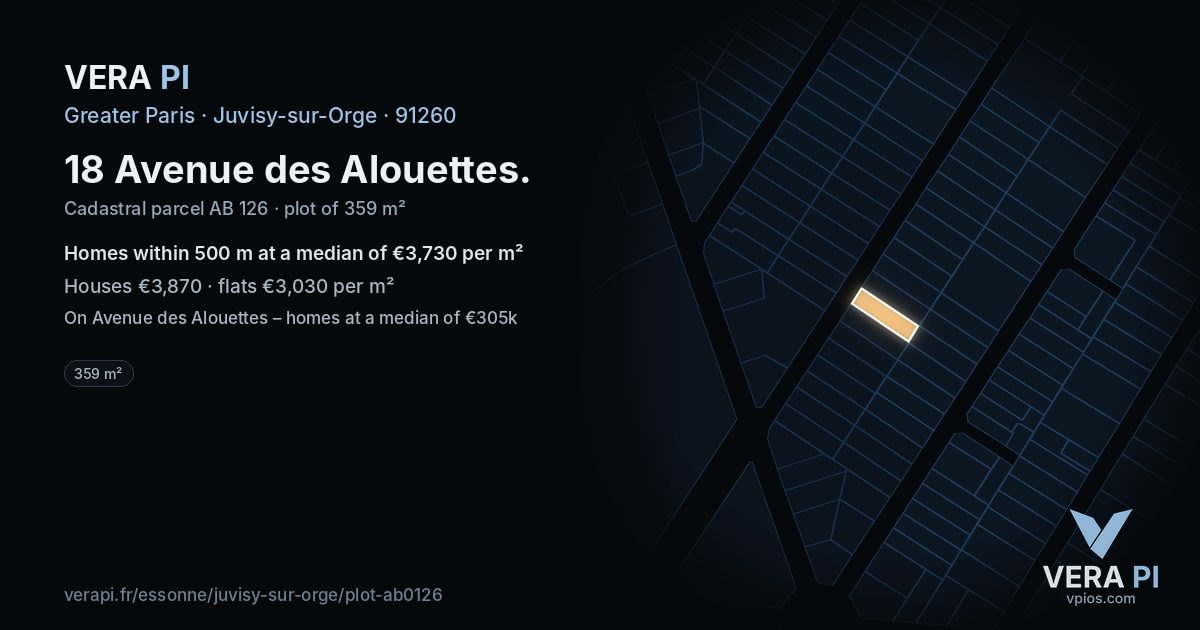 18 Avenue des Alouettes, Juvisy-sur-Orge at night – the plot lit, the parcels around coloured by the prices near them