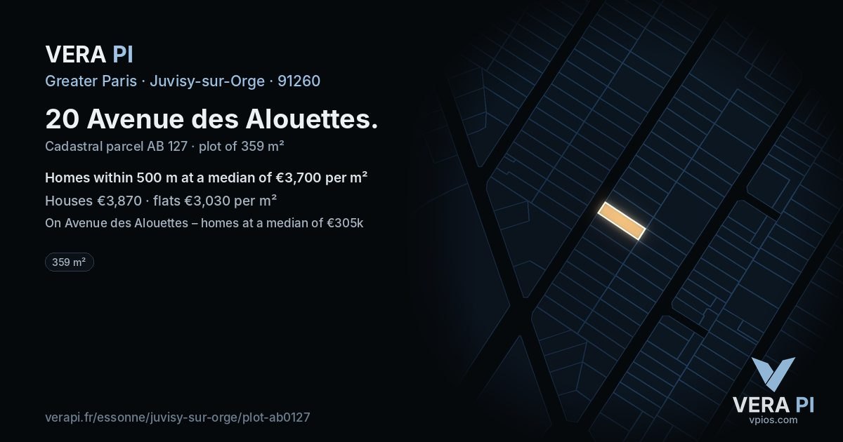 20 Avenue des Alouettes, Juvisy-sur-Orge at night – the plot lit, the parcels around coloured by the prices near them