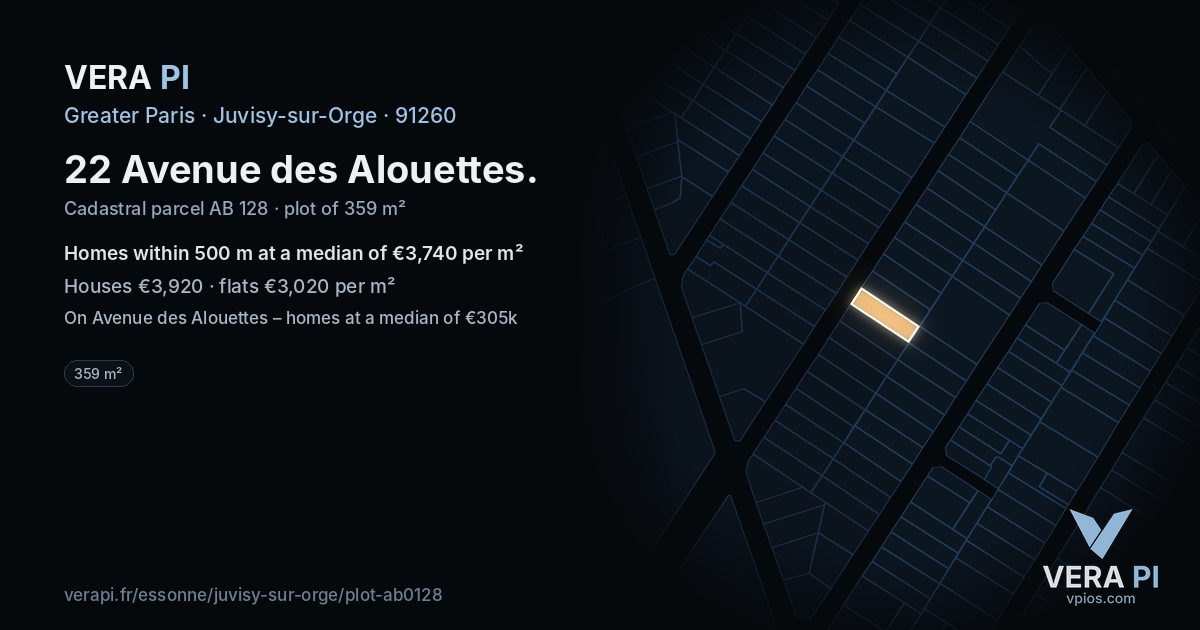 22 Avenue des Alouettes, Juvisy-sur-Orge at night – the plot lit, the parcels around coloured by the prices near them