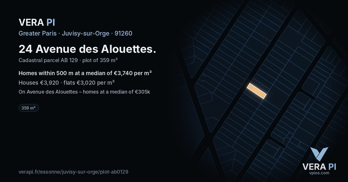24 Avenue des Alouettes, Juvisy-sur-Orge at night – the plot lit, the parcels around coloured by the prices near them