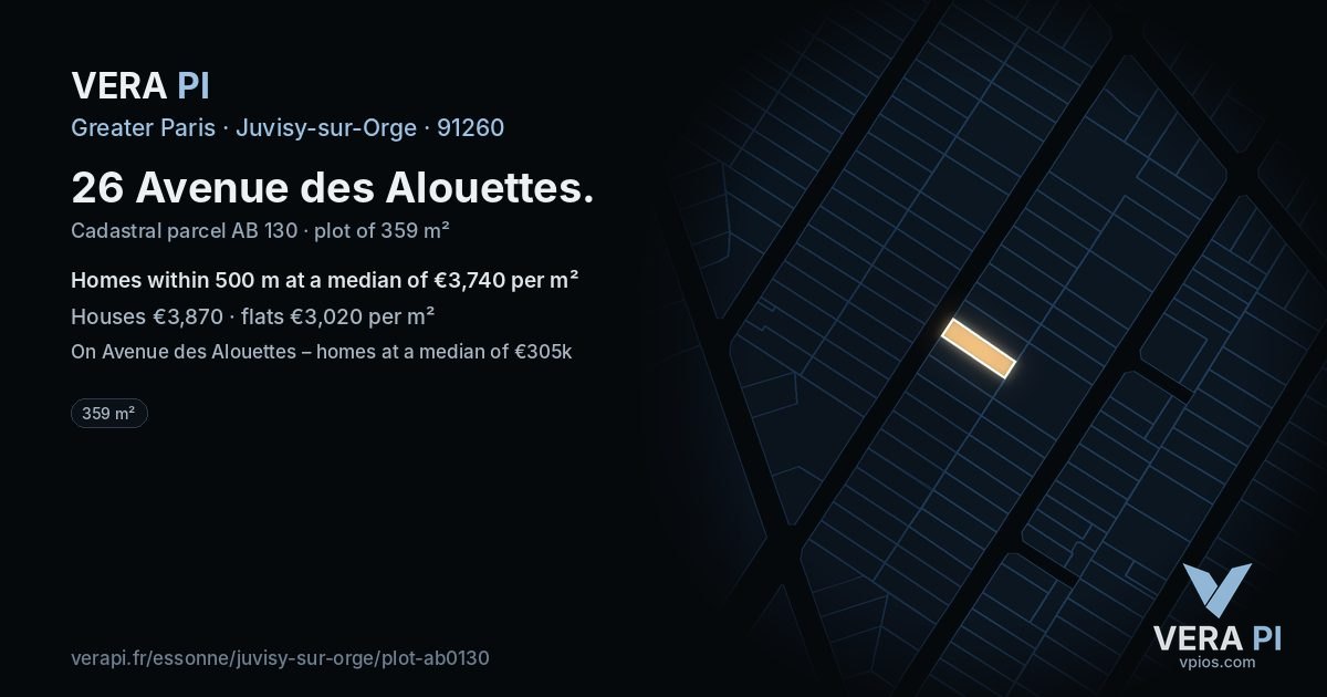 26 Avenue des Alouettes, Juvisy-sur-Orge at night – the plot lit, the parcels around coloured by the prices near them