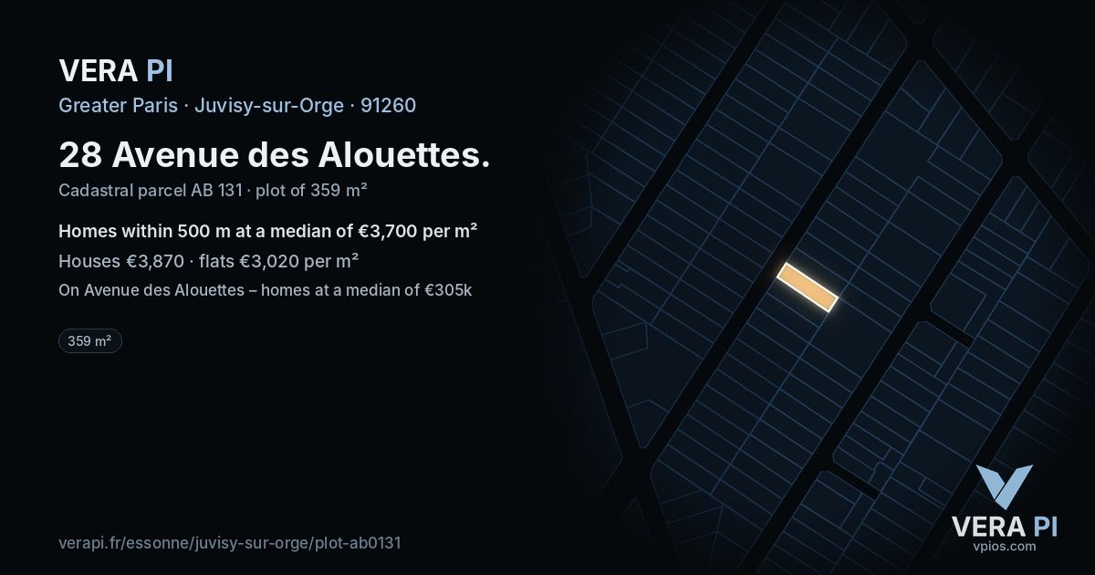 28 Avenue des Alouettes, Juvisy-sur-Orge at night – the plot lit, the parcels around coloured by the prices near them