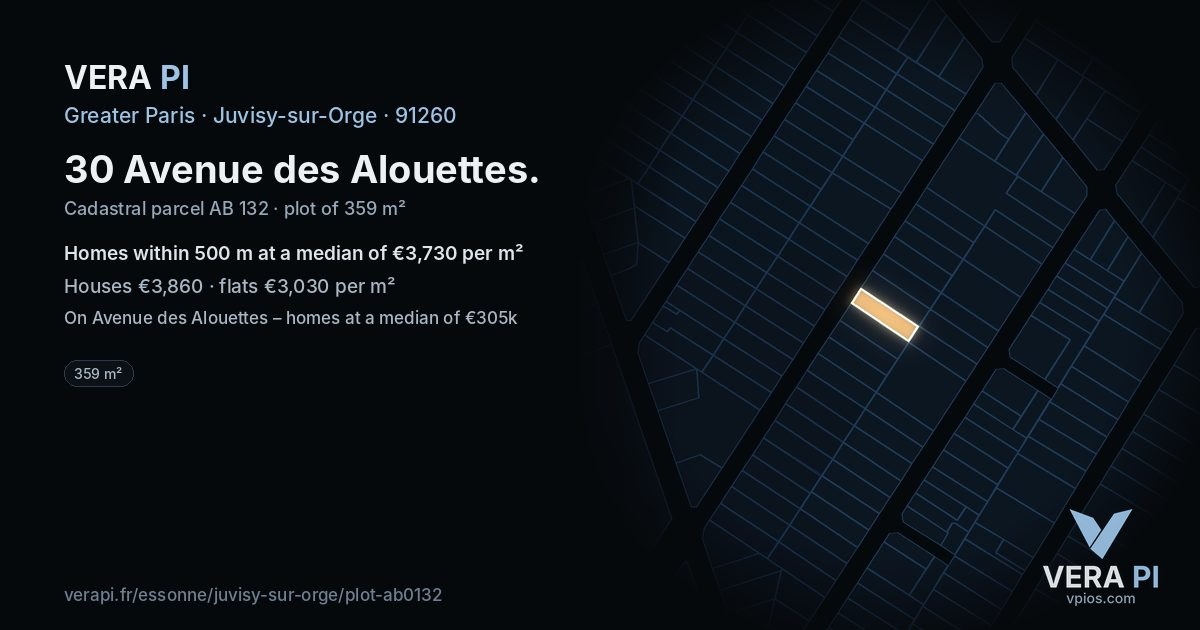 30 Avenue des Alouettes, Juvisy-sur-Orge at night – the plot lit, the parcels around coloured by the prices near them