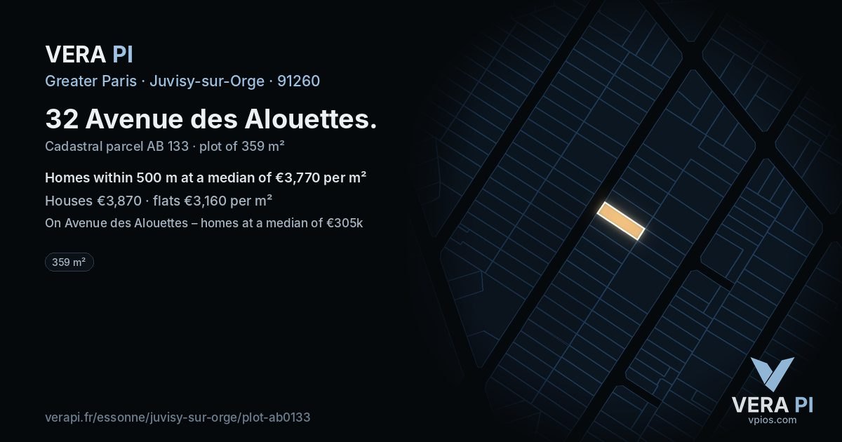 32 Avenue des Alouettes, Juvisy-sur-Orge at night – the plot lit, the parcels around coloured by the prices near them