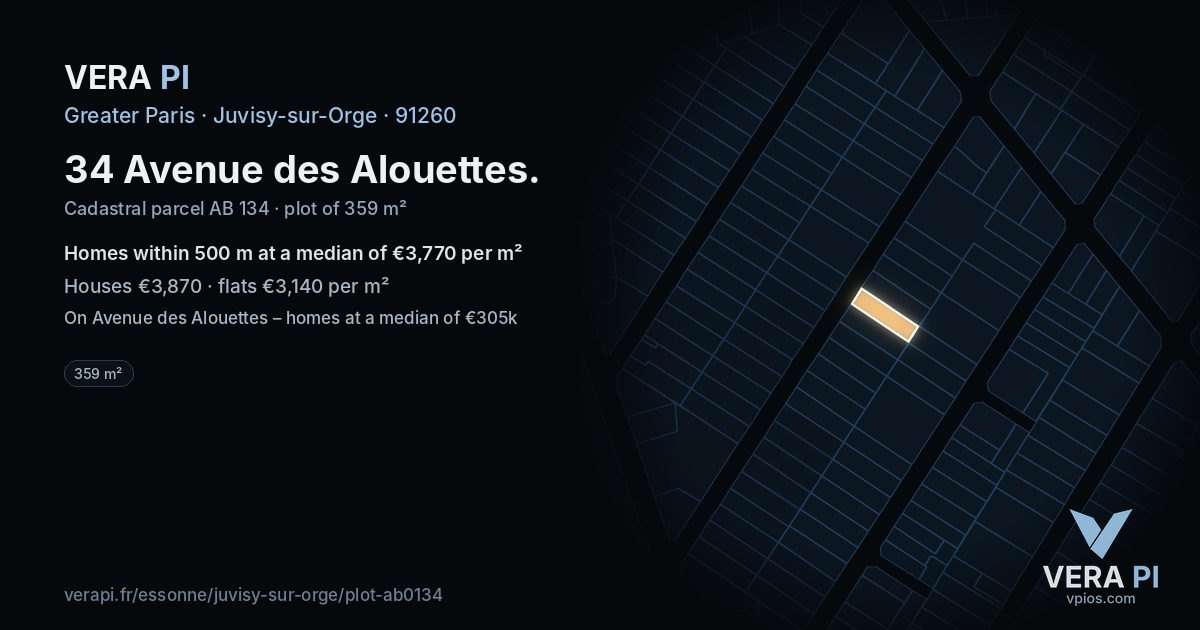 34 Avenue des Alouettes, Juvisy-sur-Orge at night – the plot lit, the parcels around coloured by the prices near them