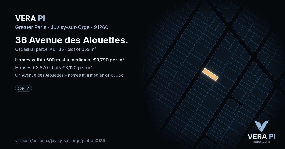 36 Avenue des Alouettes, Juvisy-sur-Orge at night – the plot lit, the parcels around coloured by the prices near them