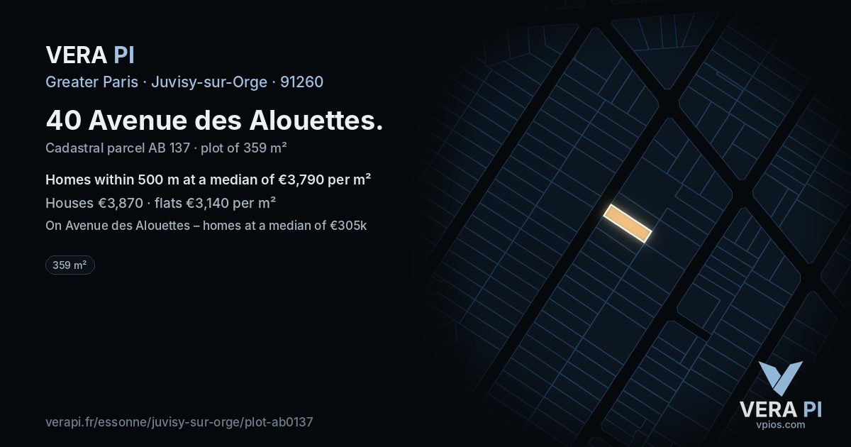 40 Avenue des Alouettes, Juvisy-sur-Orge at night – the plot lit, the parcels around coloured by the prices near them