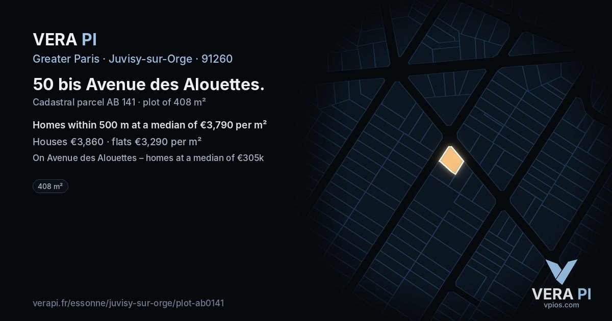 50 bis Avenue des Alouettes, Juvisy-sur-Orge at night – the plot lit, the parcels around coloured by the prices near them