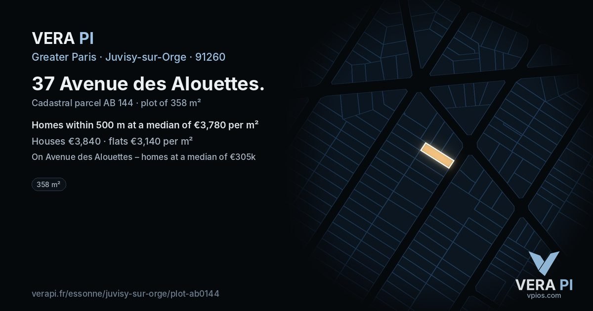 37 Avenue des Alouettes, Juvisy-sur-Orge at night – the plot lit, the parcels around coloured by the prices near them