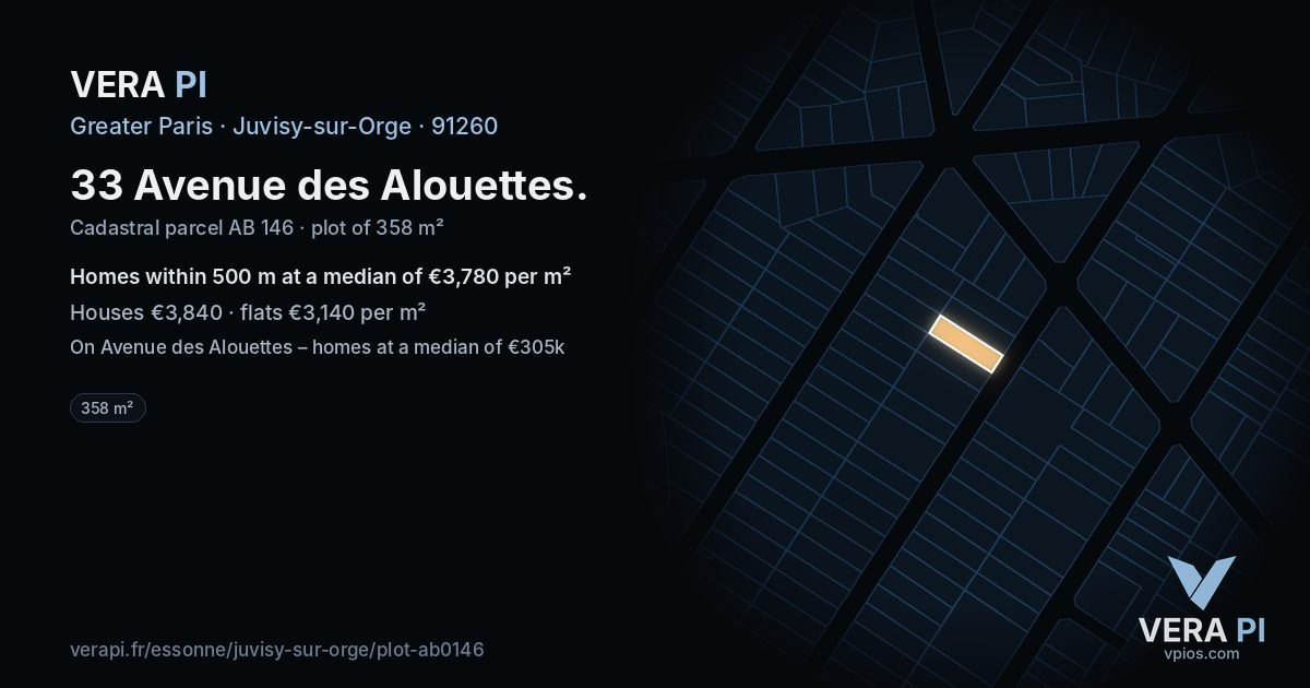 33 Avenue des Alouettes, Juvisy-sur-Orge at night – the plot lit, the parcels around coloured by the prices near them