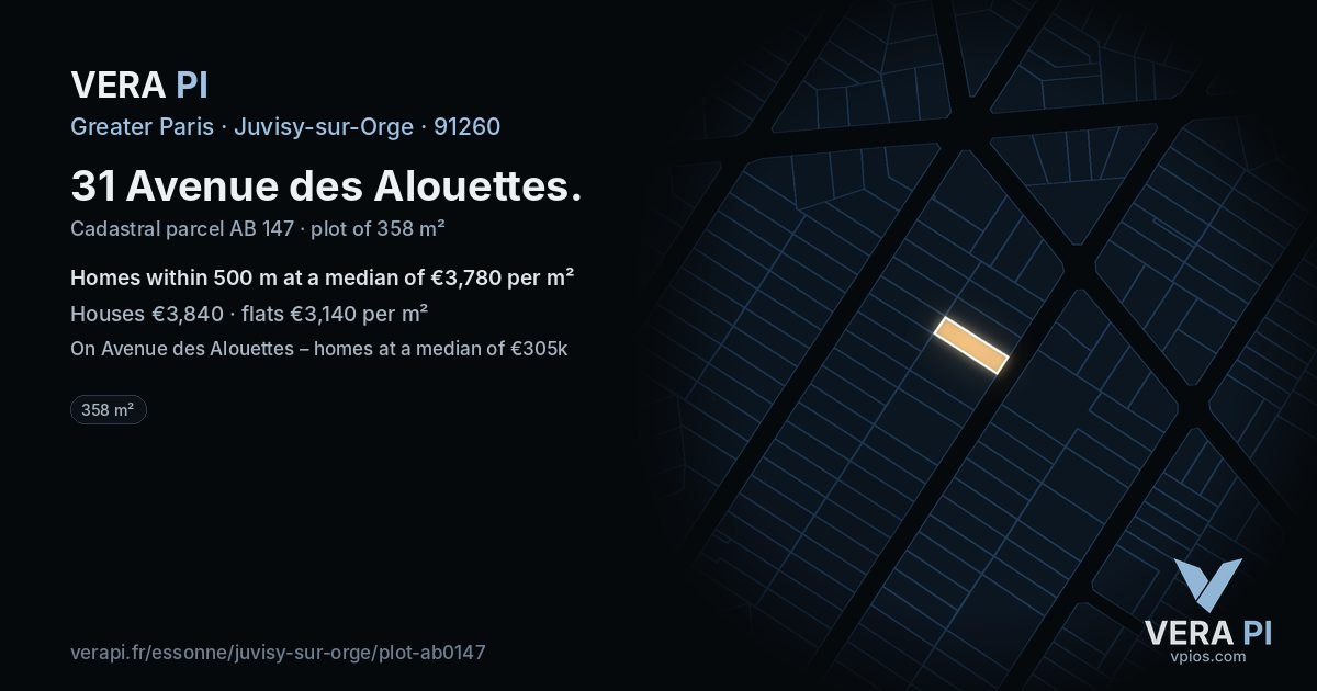 31 Avenue des Alouettes, Juvisy-sur-Orge at night – the plot lit, the parcels around coloured by the prices near them
