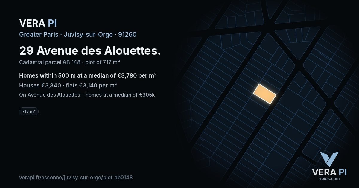 29 Avenue des Alouettes, Juvisy-sur-Orge at night – the plot lit, the parcels around coloured by the prices near them