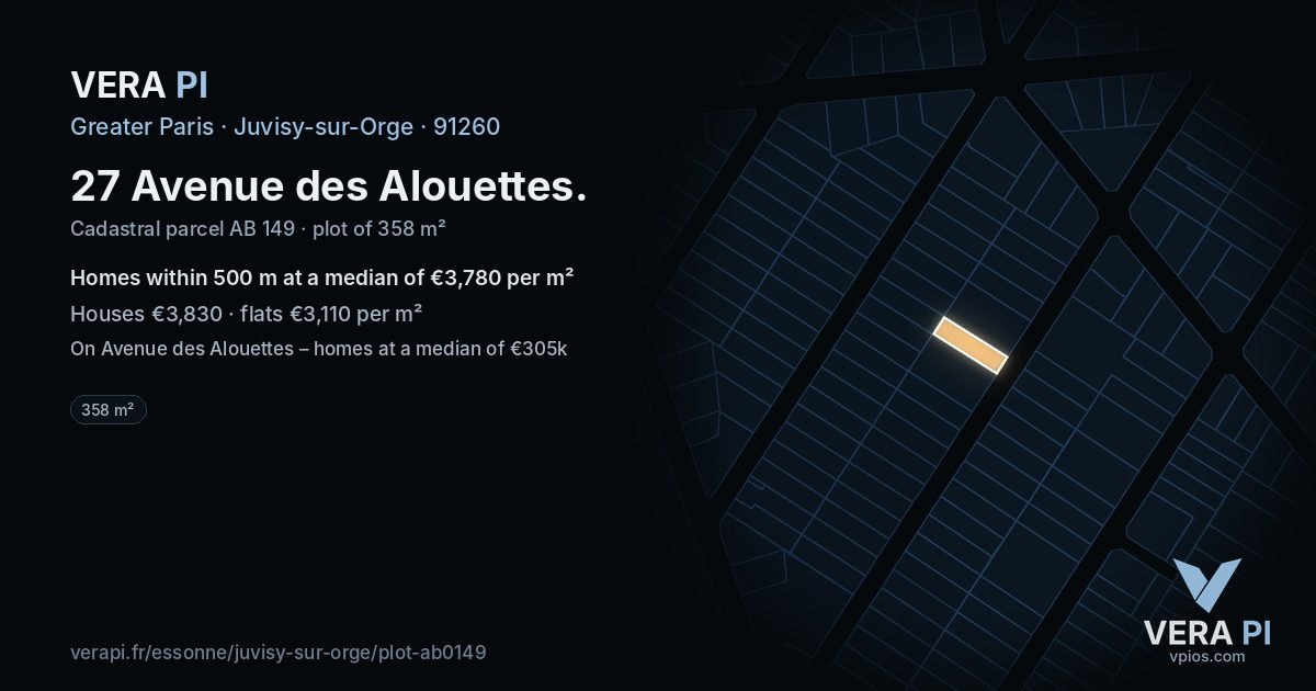 27 Avenue des Alouettes, Juvisy-sur-Orge at night – the plot lit, the parcels around coloured by the prices near them