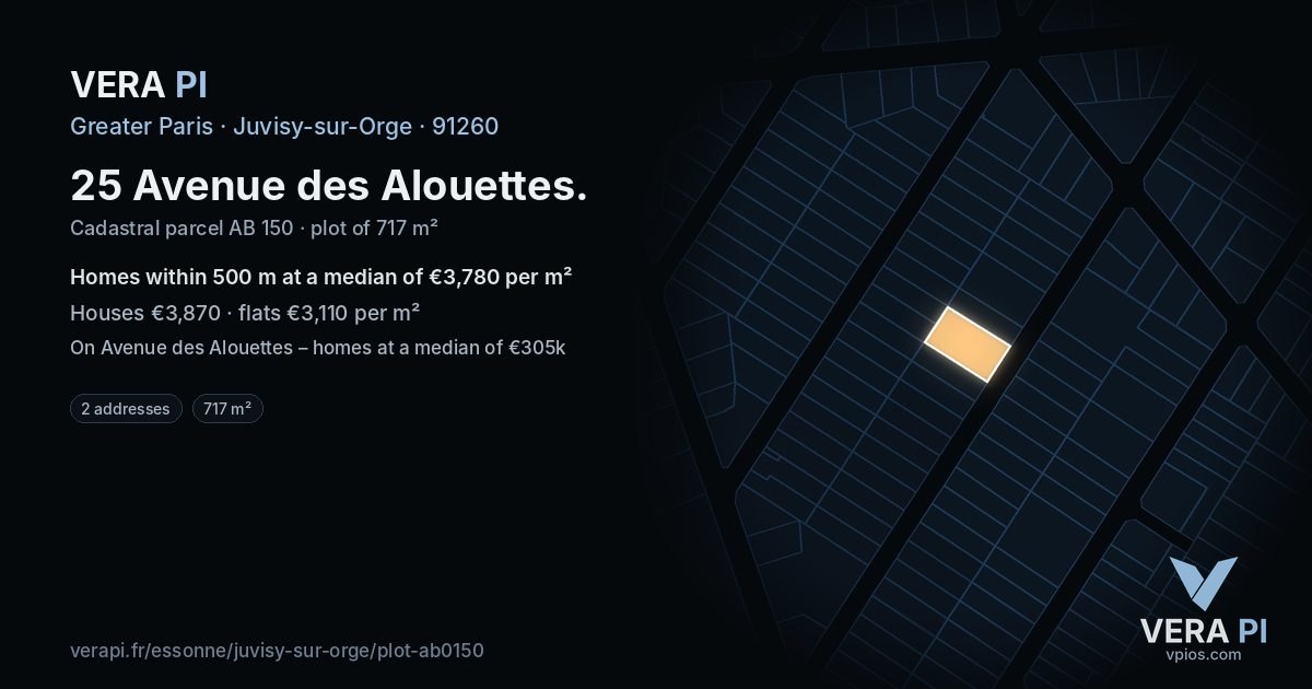 25 Avenue des Alouettes, Juvisy-sur-Orge at night – the plot lit, the parcels around coloured by the prices near them