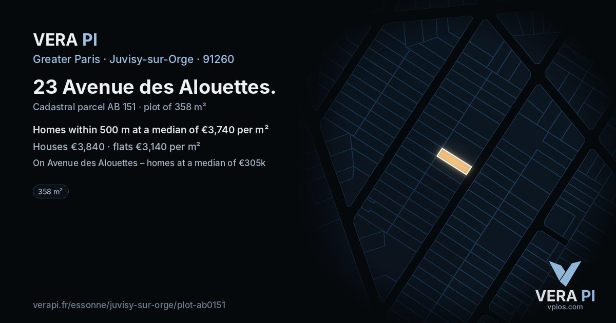 23 Avenue des Alouettes, Juvisy-sur-Orge at night – the plot lit, the parcels around coloured by the prices near them