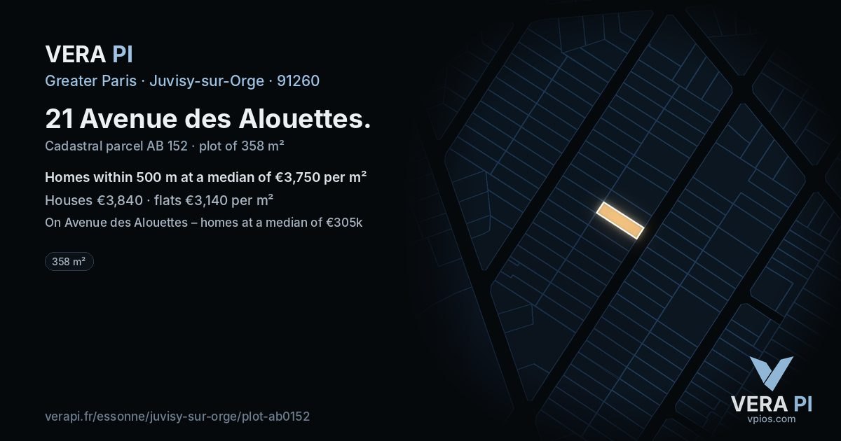 21 Avenue des Alouettes, Juvisy-sur-Orge at night – the plot lit, the parcels around coloured by the prices near them