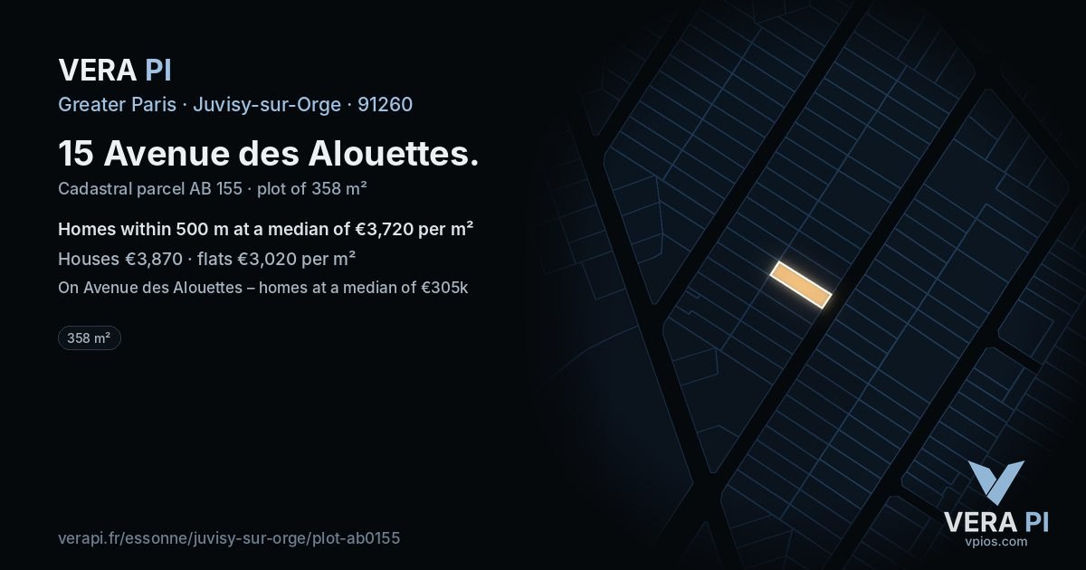 15 Avenue des Alouettes, Juvisy-sur-Orge at night – the plot lit, the parcels around coloured by the prices near them