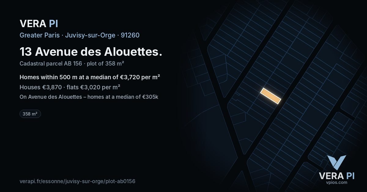 13 Avenue des Alouettes, Juvisy-sur-Orge at night – the plot lit, the parcels around coloured by the prices near them