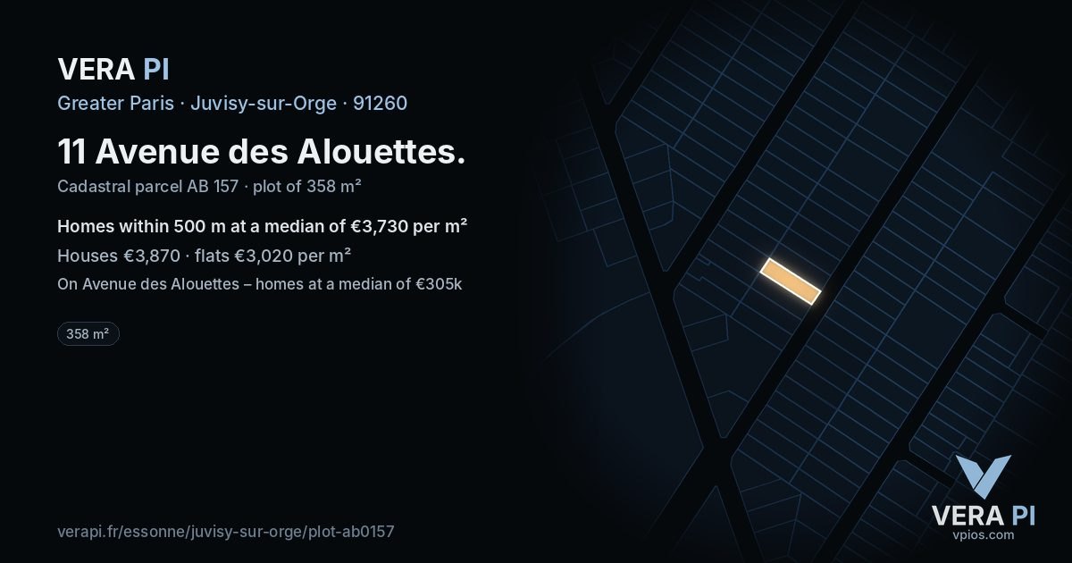 11 Avenue des Alouettes, Juvisy-sur-Orge at night – the plot lit, the parcels around coloured by the prices near them