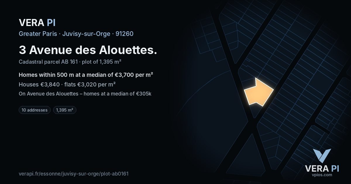 3 Avenue des Alouettes, Juvisy-sur-Orge at night – the plot lit, the parcels around coloured by the prices near them