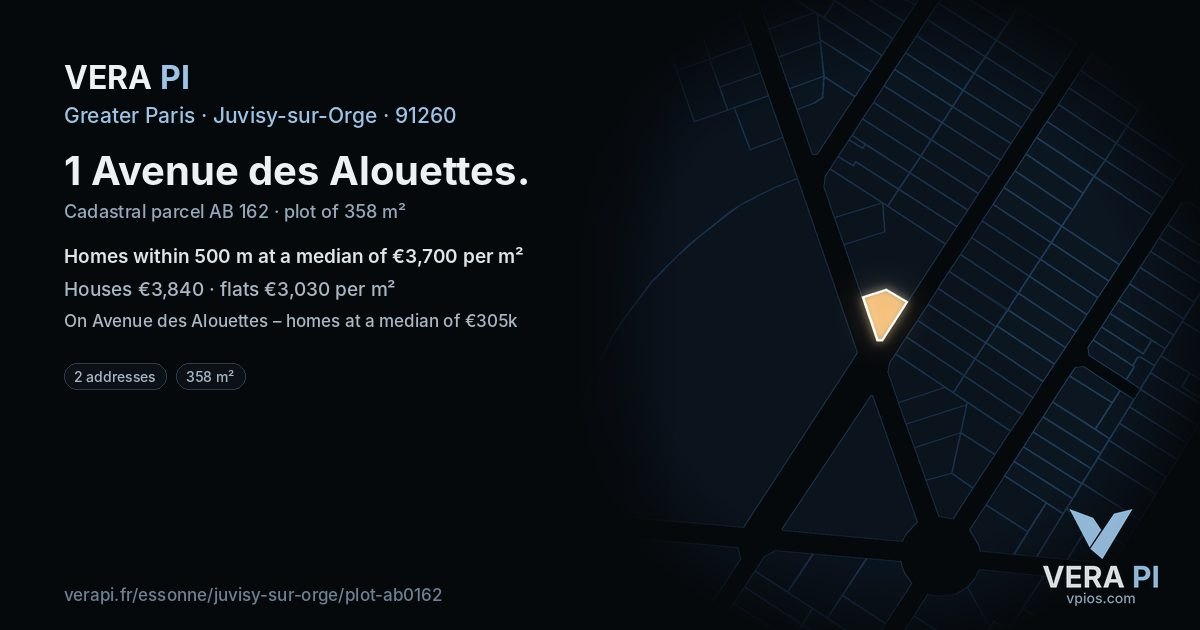 1 Avenue des Alouettes, Juvisy-sur-Orge at night – the plot lit, the parcels around coloured by the prices near them