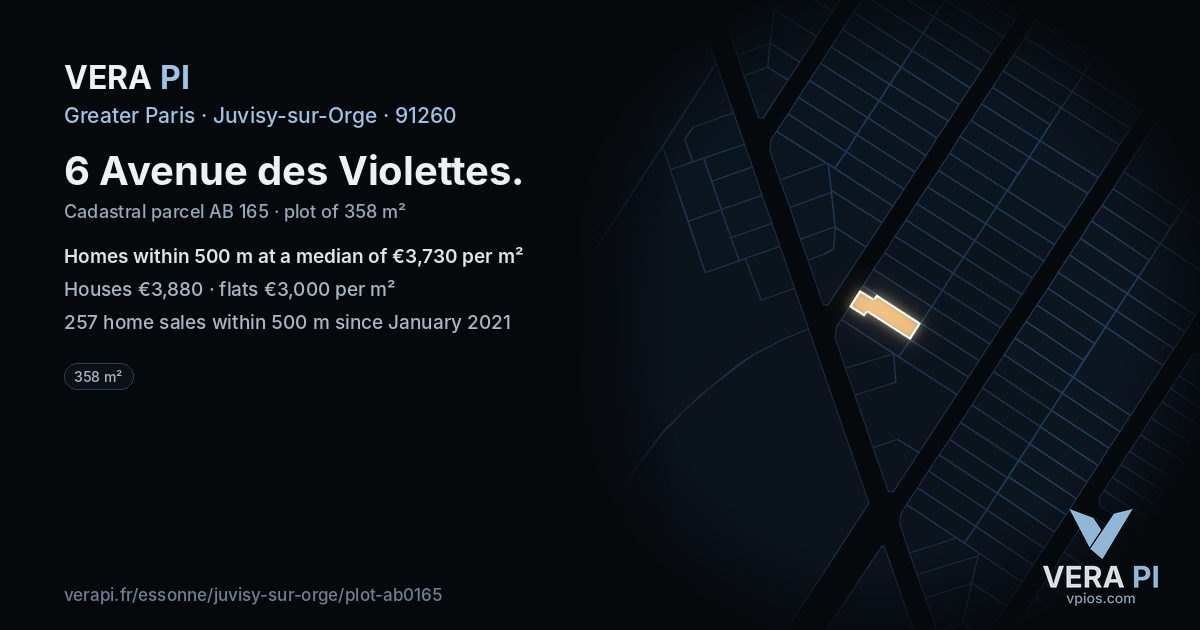 6 Avenue des Violettes, Juvisy-sur-Orge at night – the plot lit, the parcels around coloured by the prices near them