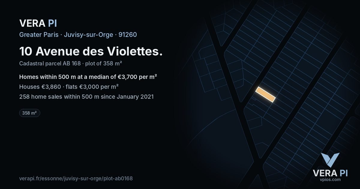 10 Avenue des Violettes, Juvisy-sur-Orge at night – the plot lit, the parcels around coloured by the prices near them