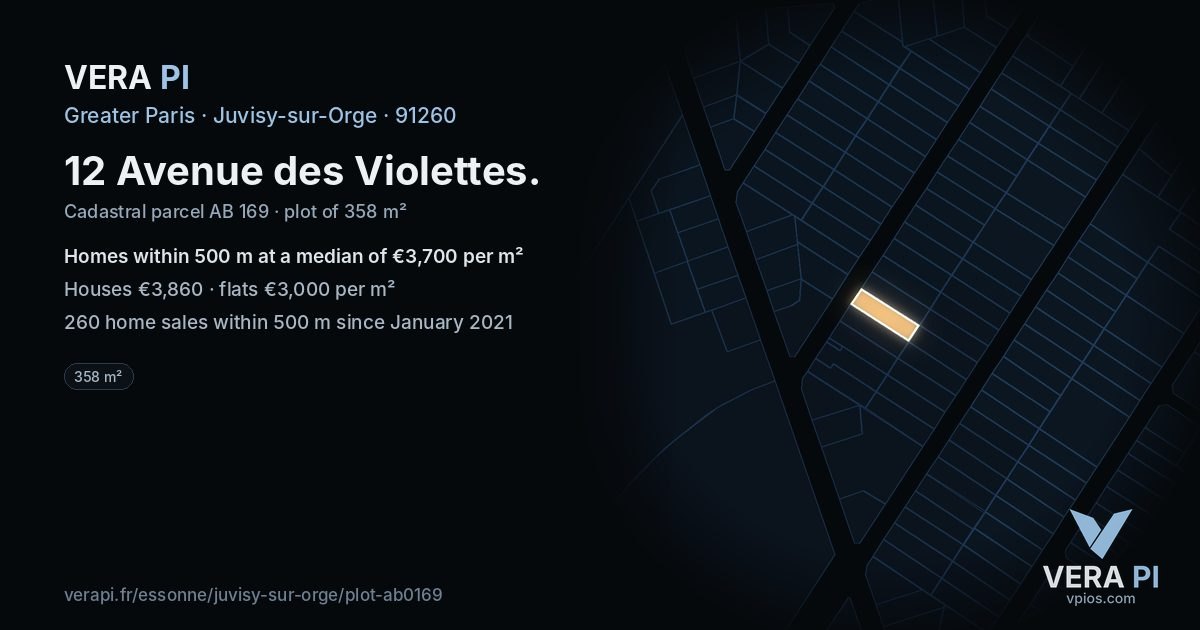 12 Avenue des Violettes, Juvisy-sur-Orge at night – the plot lit, the parcels around coloured by the prices near them