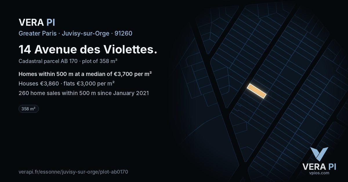 14 Avenue des Violettes, Juvisy-sur-Orge at night – the plot lit, the parcels around coloured by the prices near them