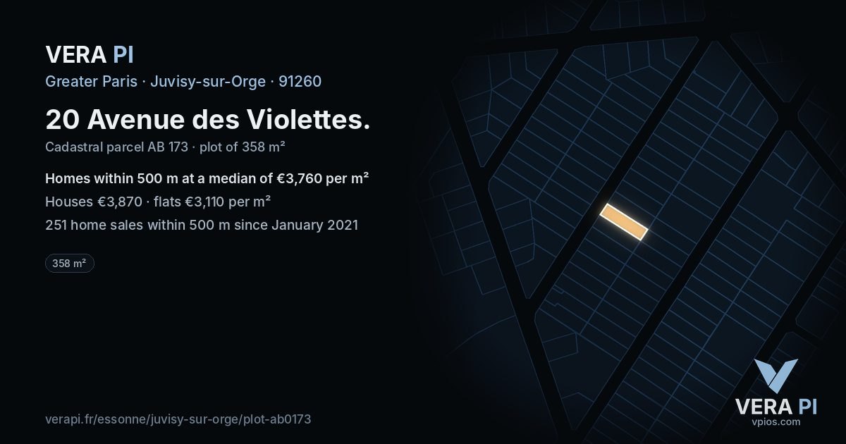 20 Avenue des Violettes, Juvisy-sur-Orge at night – the plot lit, the parcels around coloured by the prices near them
