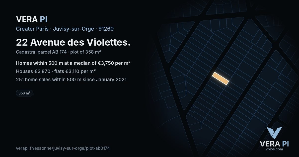22 Avenue des Violettes, Juvisy-sur-Orge at night – the plot lit, the parcels around coloured by the prices near them