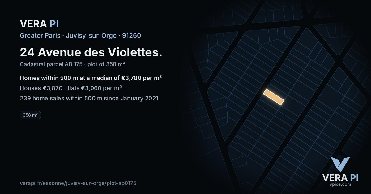24 Avenue des Violettes, Juvisy-sur-Orge at night – the plot lit, the parcels around coloured by the prices near them