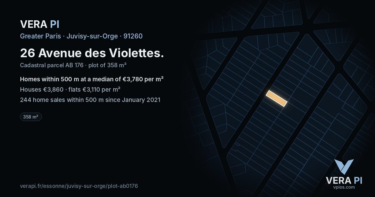 26 Avenue des Violettes, Juvisy-sur-Orge at night – the plot lit, the parcels around coloured by the prices near them