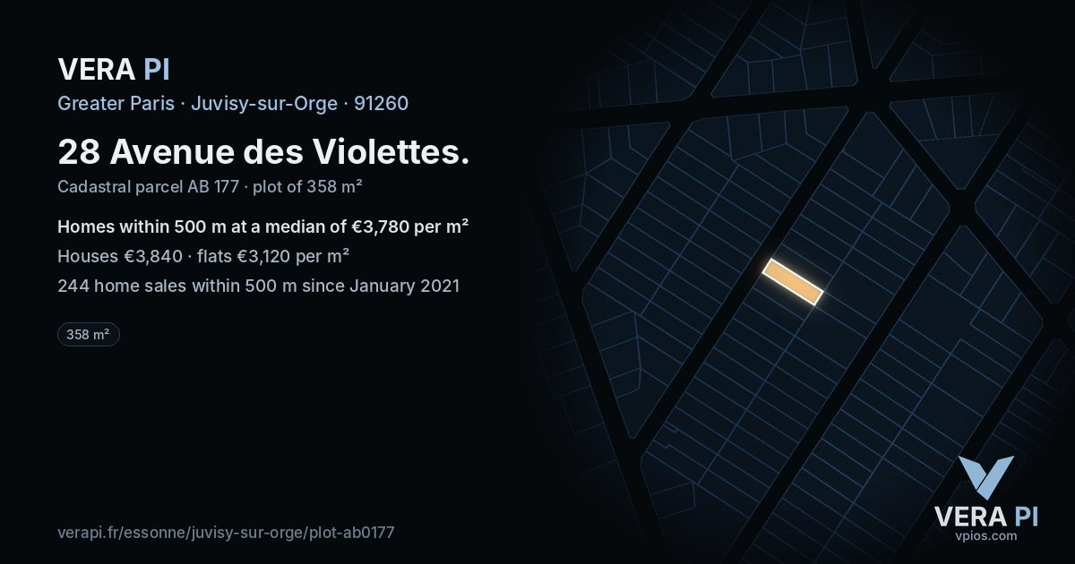 28 Avenue des Violettes, Juvisy-sur-Orge at night – the plot lit, the parcels around coloured by the prices near them