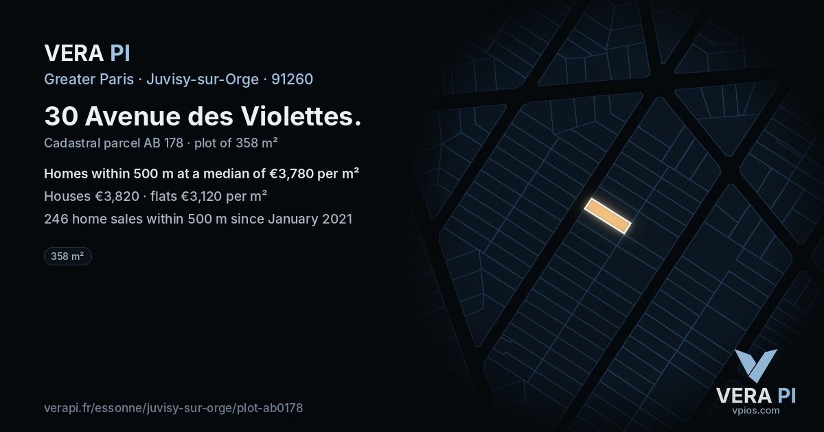 30 Avenue des Violettes, Juvisy-sur-Orge at night – the plot lit, the parcels around coloured by the prices near them