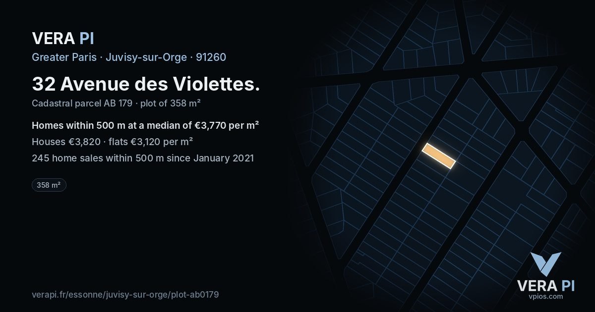 32 Avenue des Violettes, Juvisy-sur-Orge at night – the plot lit, the parcels around coloured by the prices near them
