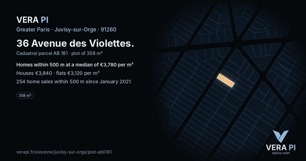36 Avenue des Violettes, Juvisy-sur-Orge at night – the plot lit, the parcels around coloured by the prices near them