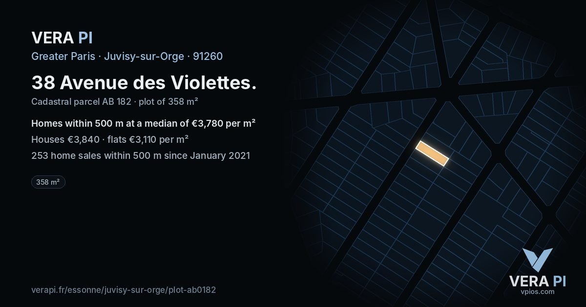 38 Avenue des Violettes, Juvisy-sur-Orge at night – the plot lit, the parcels around coloured by the prices near them