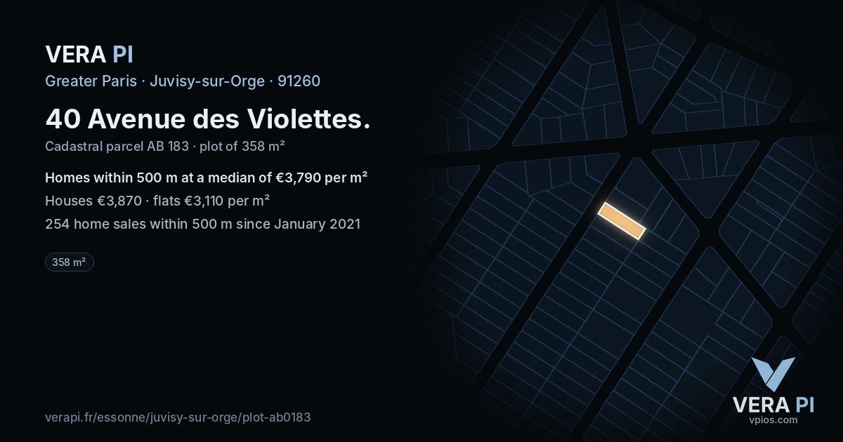 40 Avenue des Violettes, Juvisy-sur-Orge at night – the plot lit, the parcels around coloured by the prices near them
