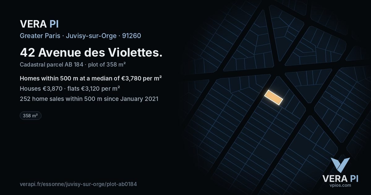 42 Avenue des Violettes, Juvisy-sur-Orge at night – the plot lit, the parcels around coloured by the prices near them