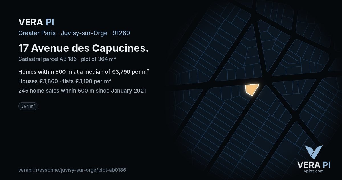 17 Avenue des Capucines, Juvisy-sur-Orge at night – the plot lit, the parcels around coloured by the prices near them