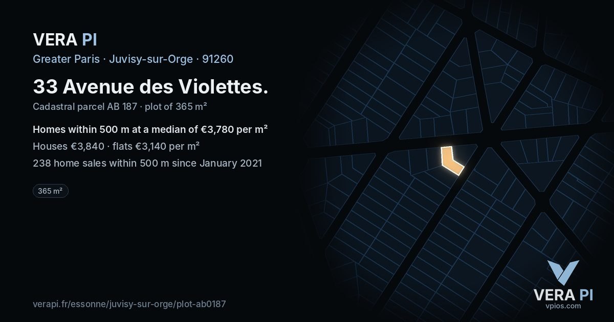 33 Avenue des Violettes, Juvisy-sur-Orge at night – the plot lit, the parcels around coloured by the prices near them