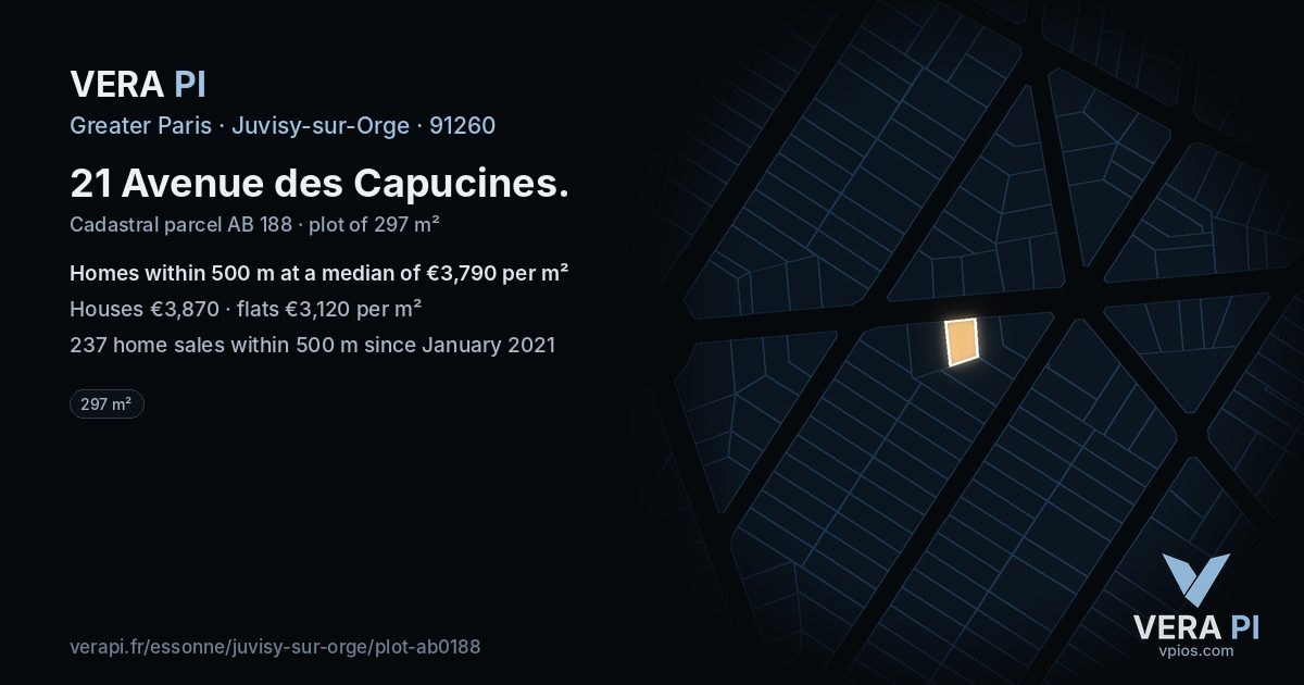 21 Avenue des Capucines, Juvisy-sur-Orge at night – the plot lit, the parcels around coloured by the prices near them
