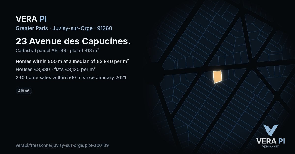 23 Avenue des Capucines, Juvisy-sur-Orge at night – the plot lit, the parcels around coloured by the prices near them