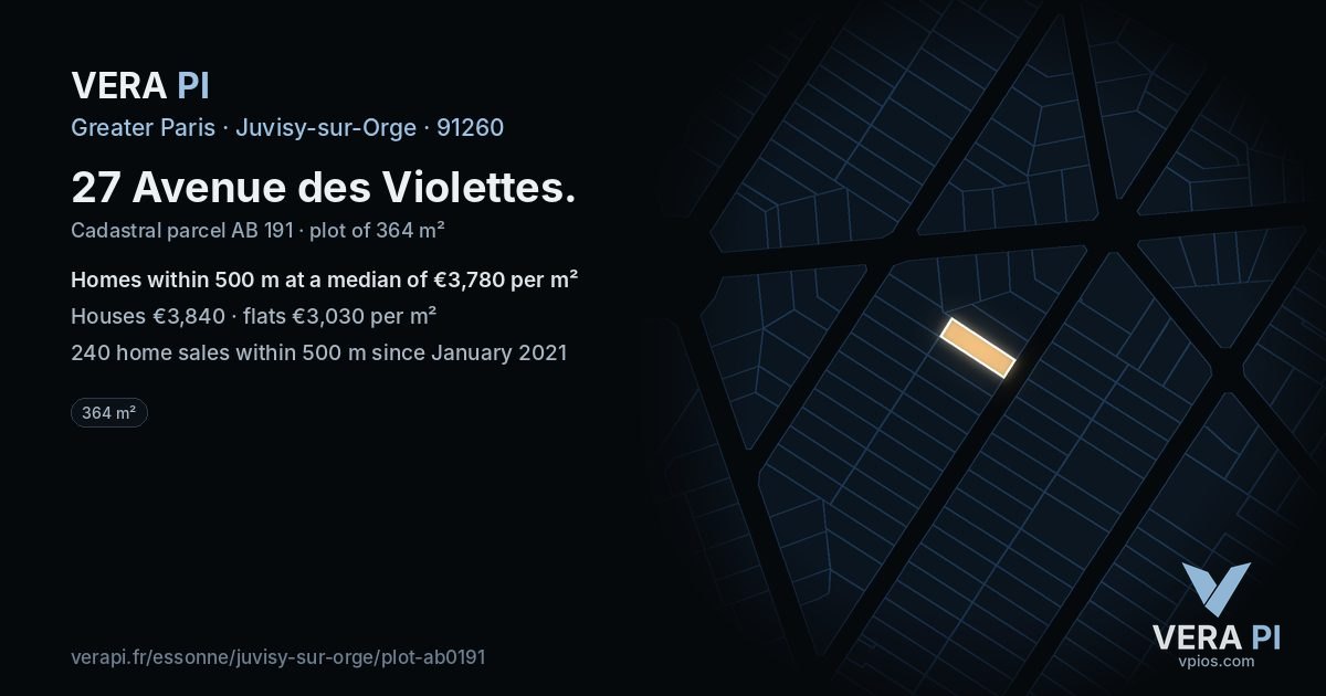 27 Avenue des Violettes, Juvisy-sur-Orge at night – the plot lit, the parcels around coloured by the prices near them