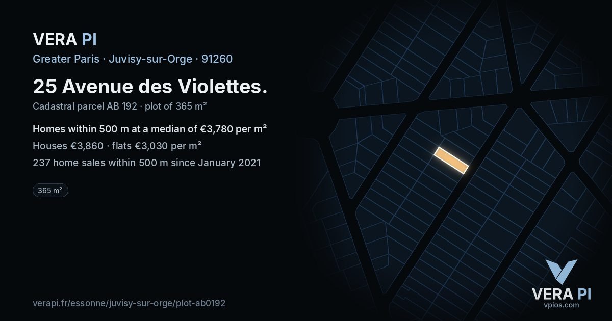 25 Avenue des Violettes, Juvisy-sur-Orge at night – the plot lit, the parcels around coloured by the prices near them