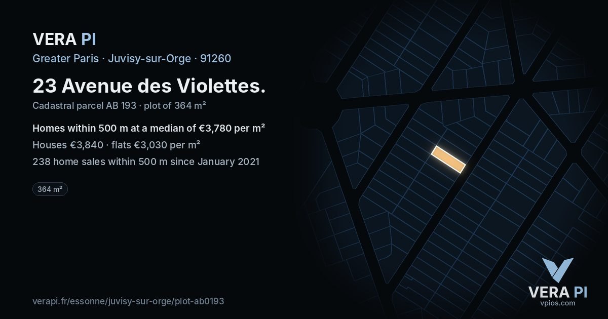 23 Avenue des Violettes, Juvisy-sur-Orge at night – the plot lit, the parcels around coloured by the prices near them